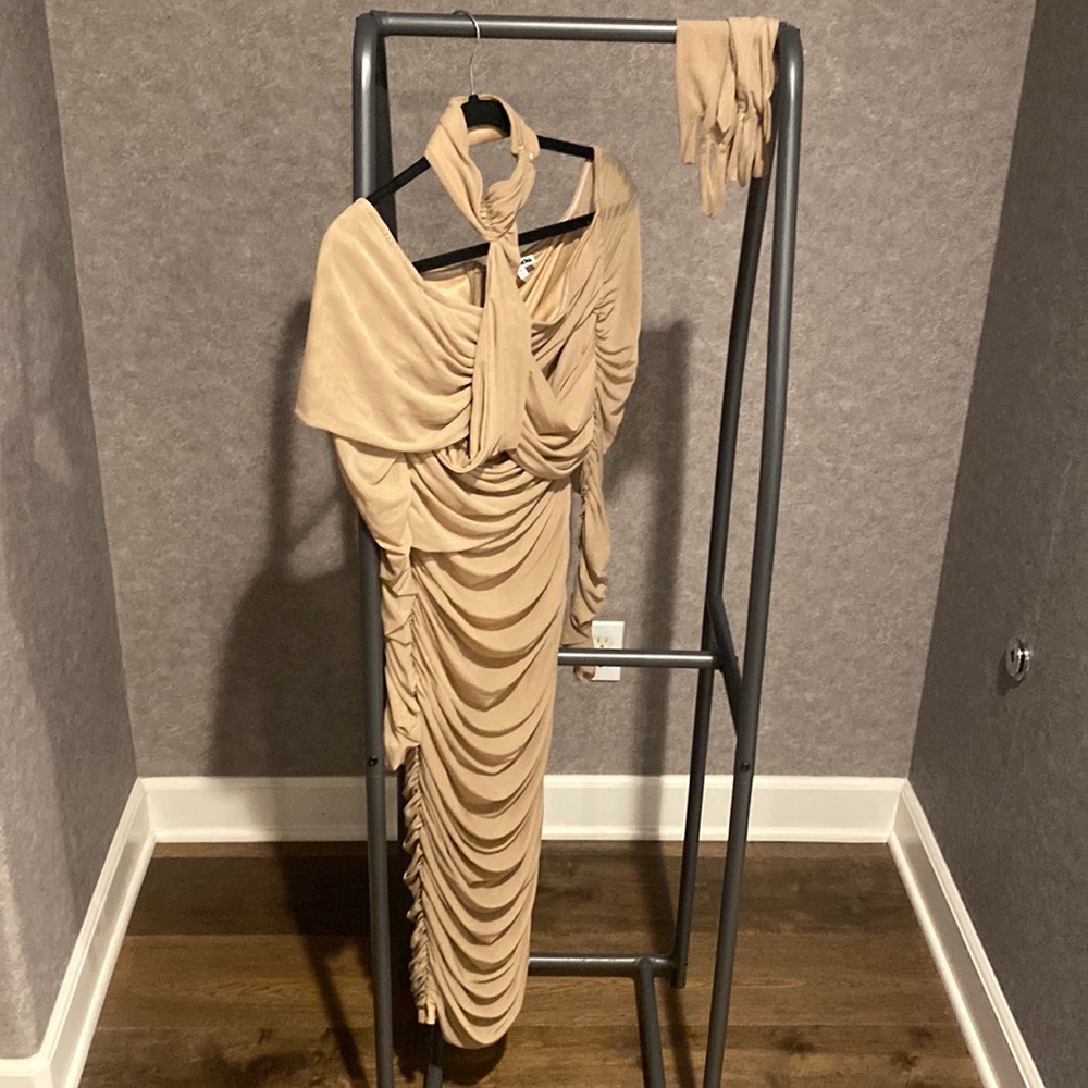 Nude long sleeve mesh material over the shoulder midi dress, matching gloves